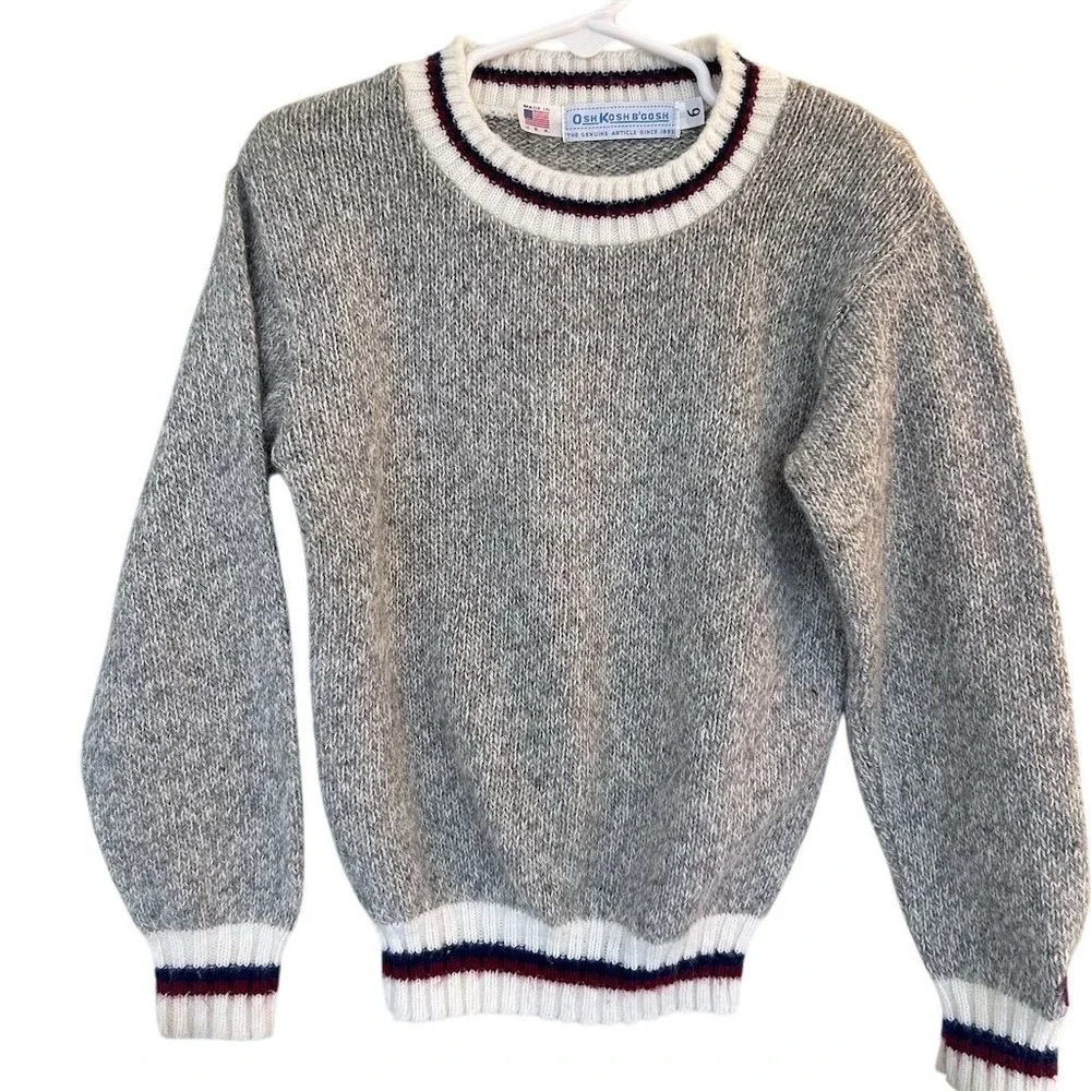 VTG USA Made OshKosh B'gosh Kids Sweater Sz 6 Gray Navy White Striped Crew Neck